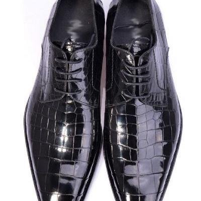 Luxury Black Polish Derby Style Lace Up Crocodile Print Leather Business Shoes