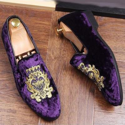 Purple Color Loafer Slip On Shoes, Suede Leather Party Shoes, Velvet Embroidery Formal Shoes,