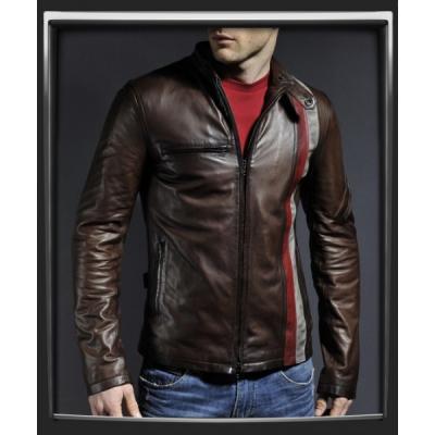 Customized Handmade Chocolate Brown Bikers Men's Leather Jacket Red And White Strips Vertically On Left Side, Slim Design Leather Fashion Jacket Made To Order