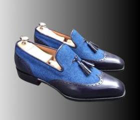 Tassels Loafer Suede Blue Color Customize Men's Slip On Patina Wingtip ...