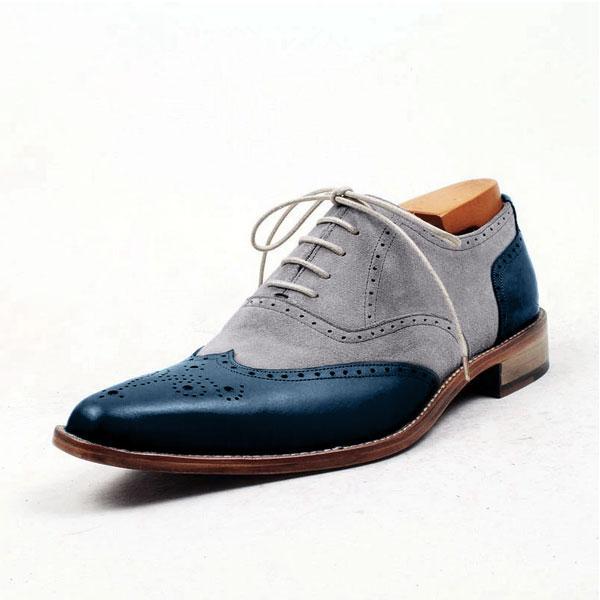 Handmade Men's Two Tone Gray Suede Wing Tip Blue Brogue Toe Leather Laceup Shoes