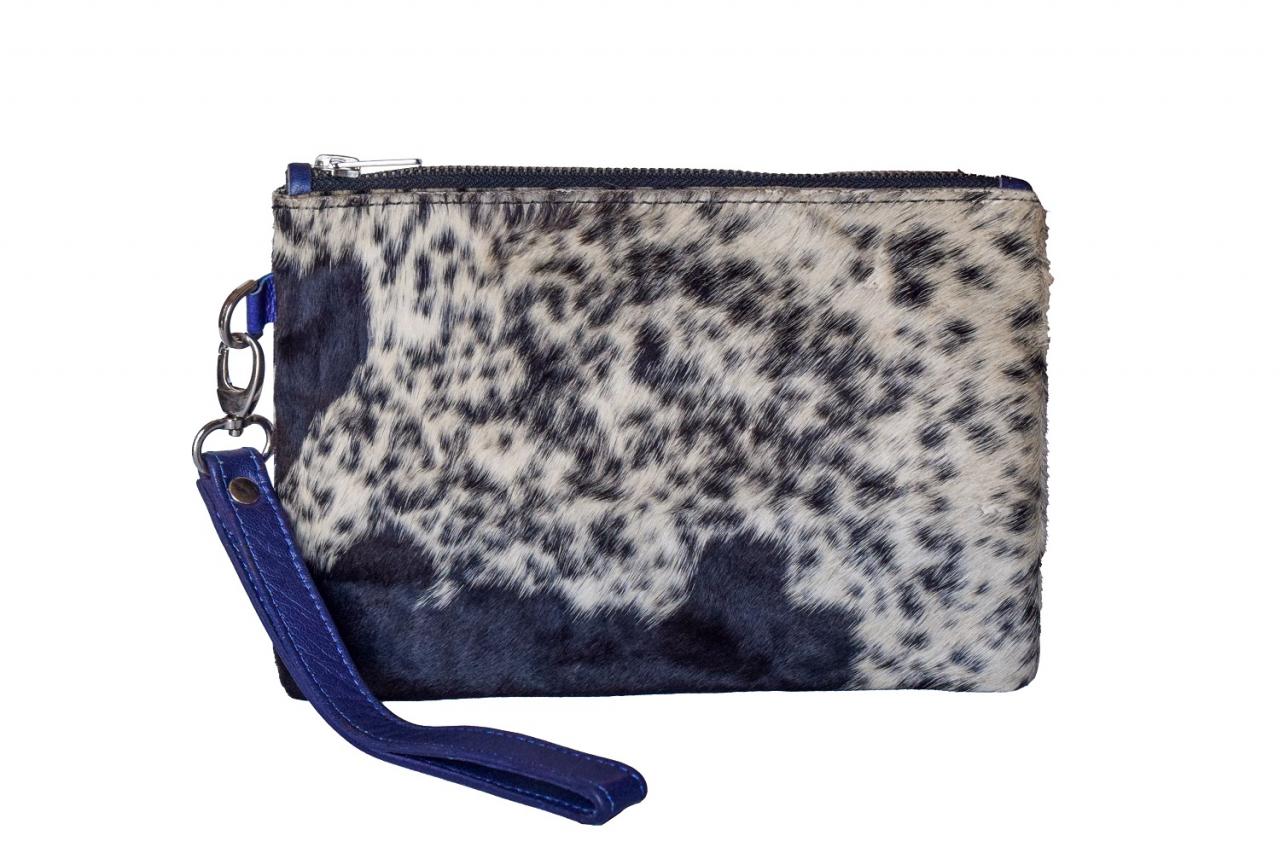 Stylish Money Holder Pouch, Cow Hair-On Leather Purse, Wrist Carrying Leather Bag, Women Zippered Coins Pouch Purse