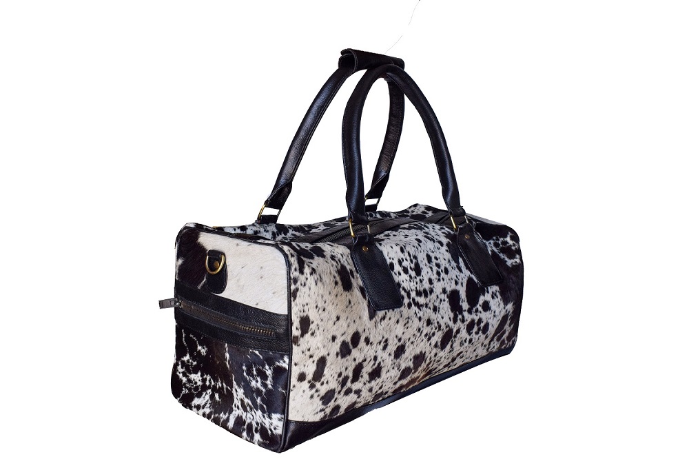 Real Cow Hair-On Leather Weekender Bag, Top Carry Handle Toiletry Bag, Shoulder Hanging Belt Travel Bag,