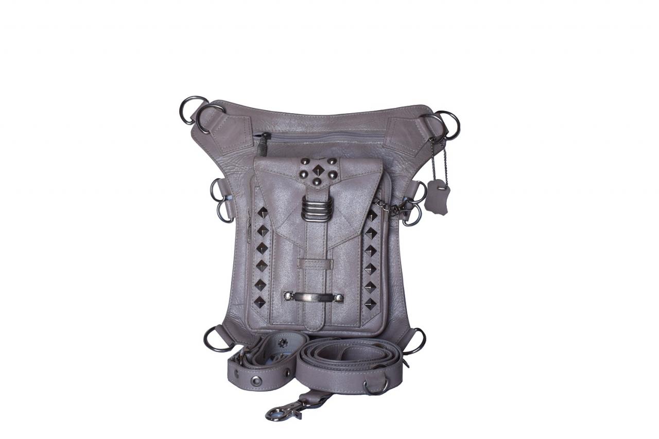 Gray Backpack, Unisex Leather Hip Bag, Waist Bag, Funny Holster Bag, Cross Body Bag, Leather Studded Bag, Handmade Travel bag