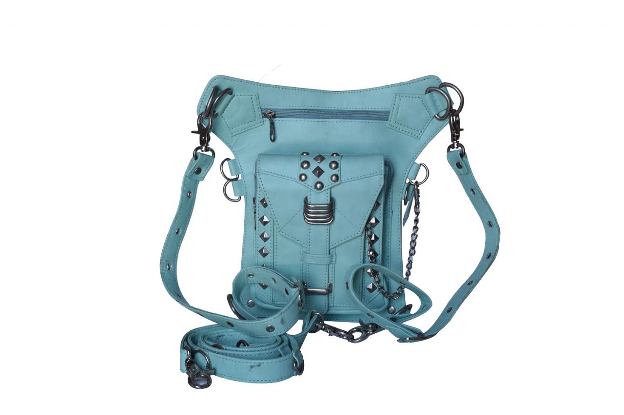 Unisex Leather Waist Bag, Funny Holster Bag, Light Blue Backpack, Studded Bag, Cross Body Bag, Leather Backpack, Handmade Travel bag