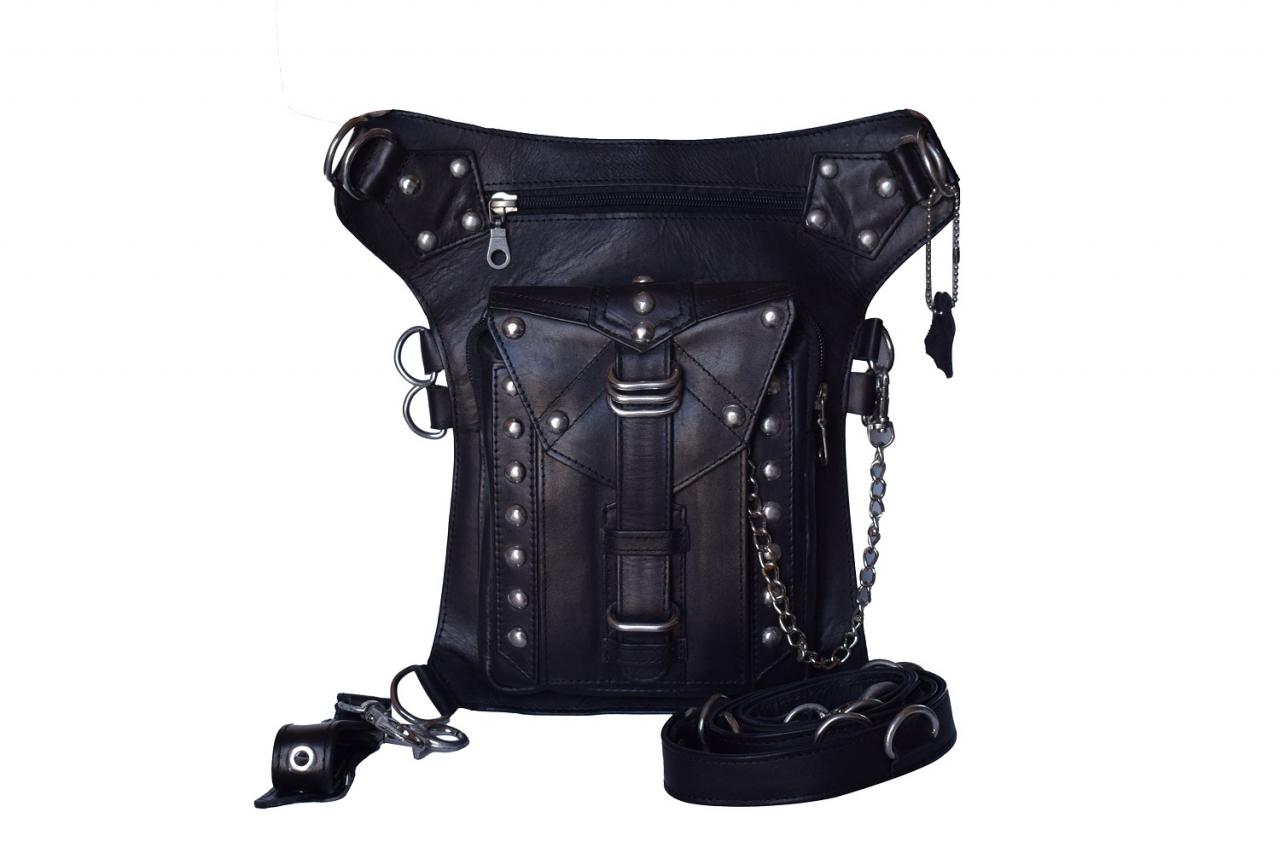 Funny Holster Bag, Unisex Studded Leather Waist Bag, Black Color Backpack, Cross Body Bag, Cowhide Leather Backpack, Handmade Travel bag
