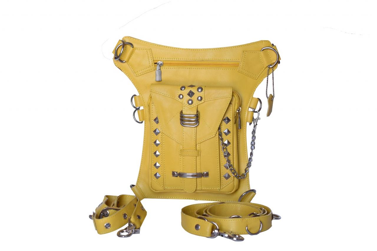Pyramid Studs Backpack, Real Cow Skin Leather Holster Bag, Handmade Yellow Color Hip Bag, Cross Body Waist Bag, Travel Bag