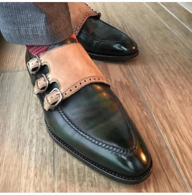 Personalized Multi Color Formal Shoes, Men's Monk Style Party Shoes, Premium Leather Triple Buckle Strap, Handmade Pointed Toe Shoes,