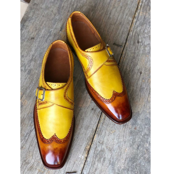 Personalized Multi Color Monk, Premium Leather Patent Wingtip Shoes, Men's Handmade Single Monk Strap, Buckle Fastening Shoes,
