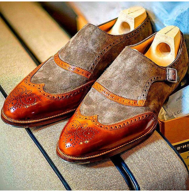 Dual Color Monk Formal Shoes, Hand Stitched Single Buckle Strap Fastening, Men's Cowhide Suede Leather Wedding Shoes, Patina Brogue Wingtip Shoes,