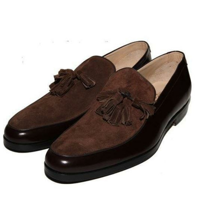 Tassels Loafer Coffee Brown Suede Leather, Men's Personalized Slip On Shoes, Patina Apron Toe Formal Wedding Shoes, 