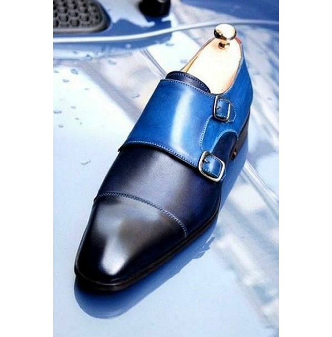 Double Monk Strap Blue Color Patent Cap Toe, Genuine Cow Leather, Buckle Fastening Men's Formal Shoes,