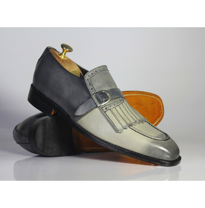 Hand Stitched Multicolor Monk Fringes, Buckle Strap, Men's Shining Leather Party Shoes,