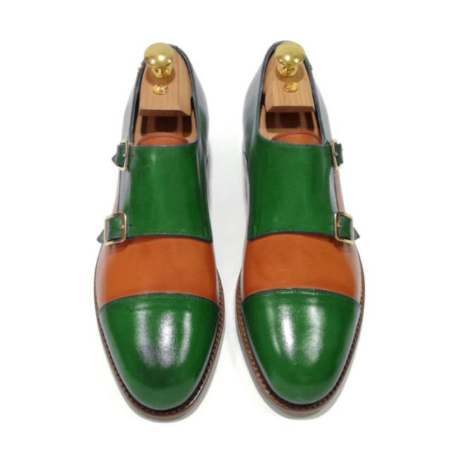 Dual Color Green Orange Cap Toe Shoes, Handmade Buckle Strap Formal Shoes, Men's Monk Wedding Shoes,