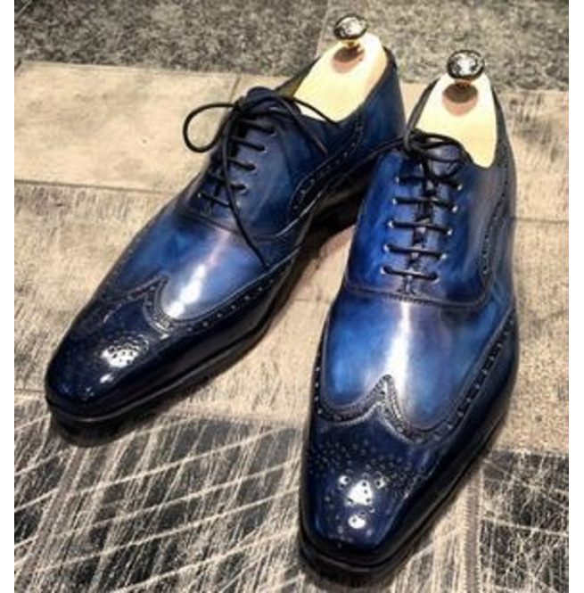 Customize Oxford Blue Color Medallion Wingtip Genuine Leather Lace Up Fastening Formal Dress Shoes