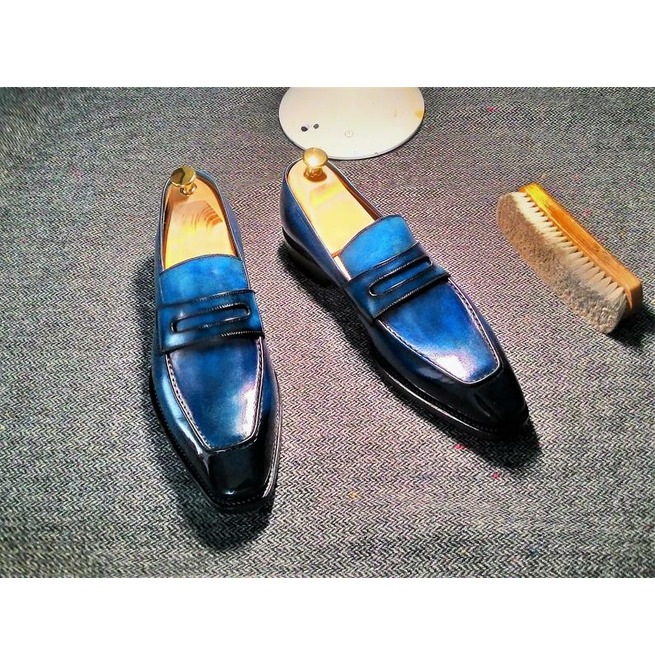 Hand Stitched Navy Blue Patent Apron Toe Genuine Leather Penny Loafer Pull On Party Shoes