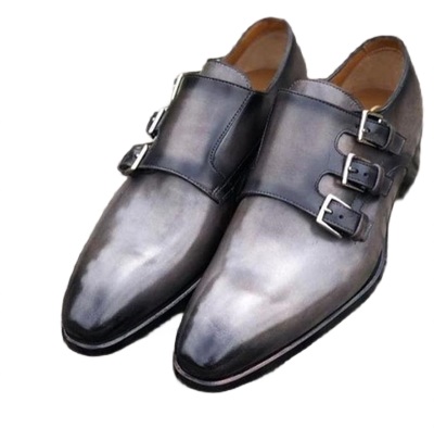 Stylish Gray Shining Patent Triple Monk Strap Genuine Leather Handmade Formal Dress Shoes