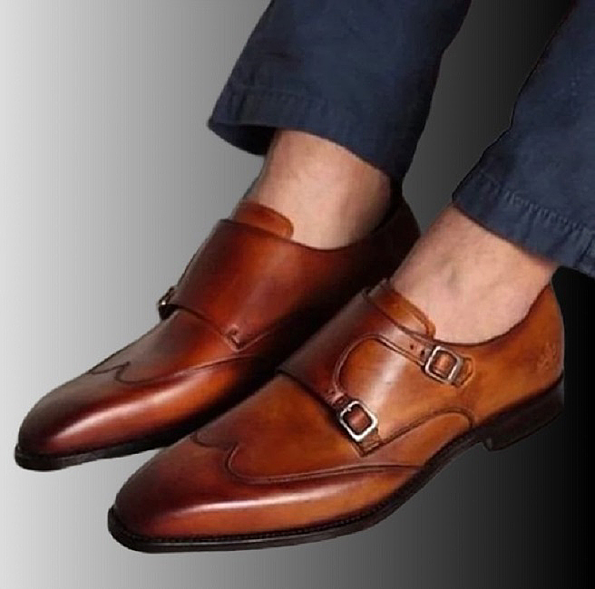 Handcrafted Men's Luxury Tan Cowhide Leather Dress Shoes, Customize Double Buckle Monk Strap Wingtip Formal Shoes,