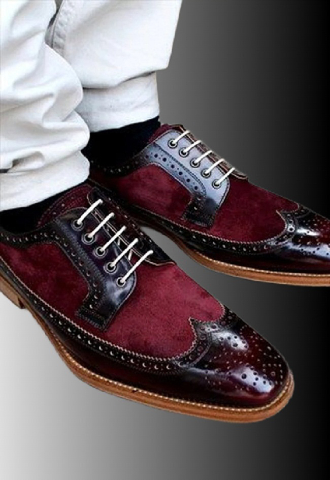 Personalized Luxury Hand Stitched Two Tone Maroon Suede & Burgundy Cowhide Leather Derby Wingtip Lace-Up Brogue Formal Dress Shoes