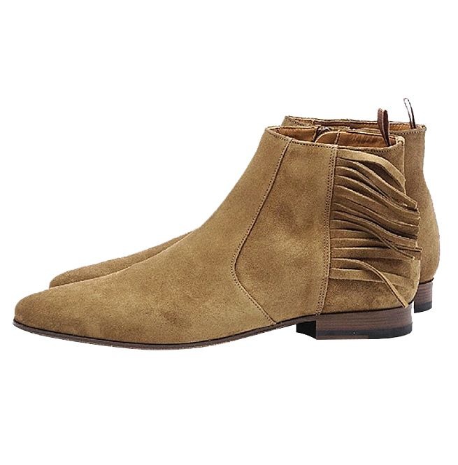 Perfect Wear Fringes With Side Zippered Beige Suede Handmade Men's Premium Cow Skin Leather Formal Ankle Boots