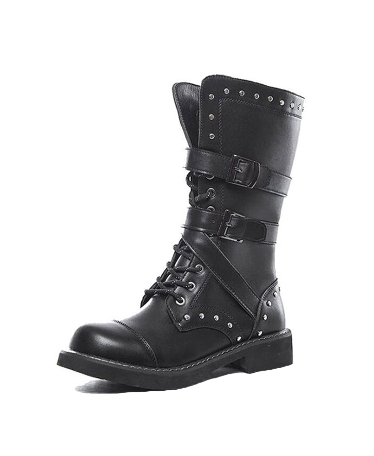 Combatant's Studs Round Buckle Strap Cowhide Leather Cap Toe High Lace Up Military Long Ankle Boots