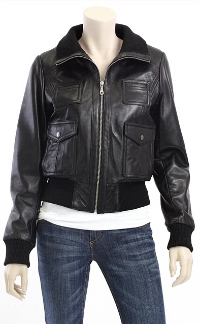 Women’s Rib Collar Black Bomber Leather Jacket