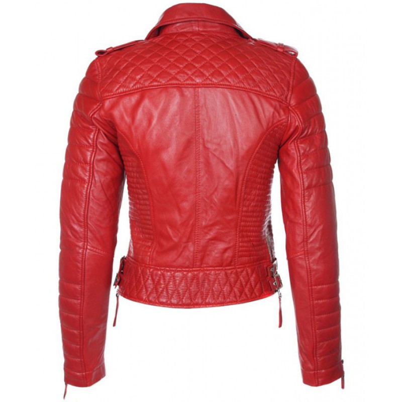 Handmade Women's Leather Biker Jacket Red Color , Zipper Pockets And ...