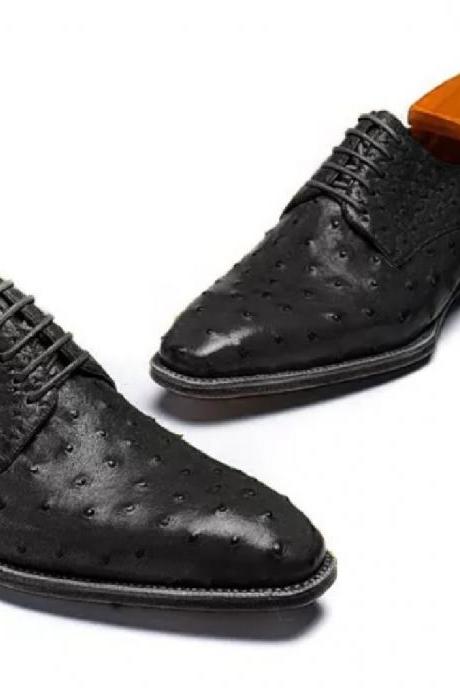 Perfect Wear Black Polish Derby Ostrich Print Leather Lace Up Formal Dress Shoes