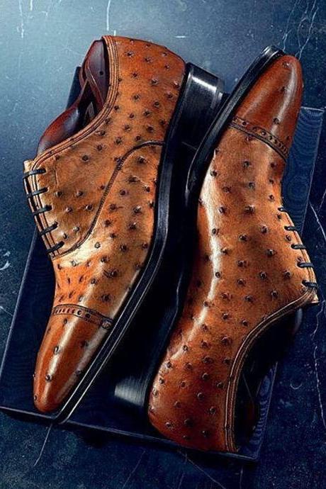 Luxury Oxford Cap Toe Black Sole Ostrich Print Leather Formal Lace Up Brown Shoes