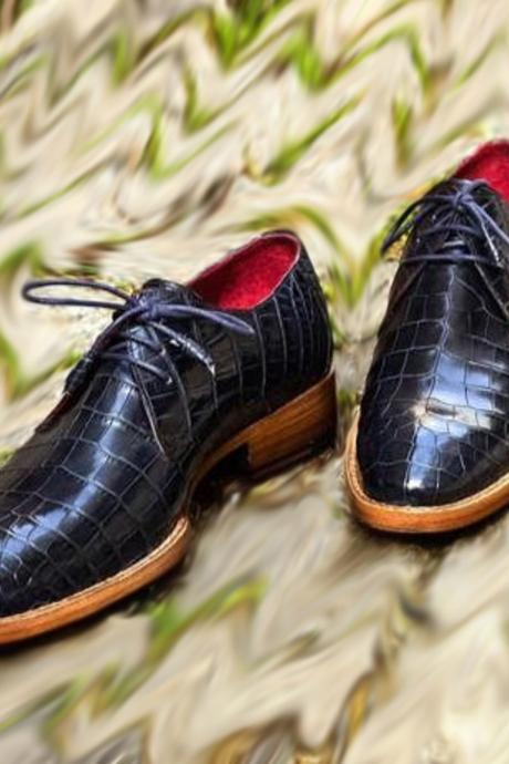 Astute Crocodile Print Leather Derby Black Polish Contrast Sole Formal Lace Up Shoes