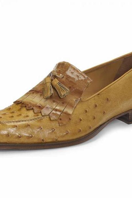 Stylish Kilt Loafer Tan Color Split Moc Toe Ostrich Print Leather Fringes Tassels Party Shoes