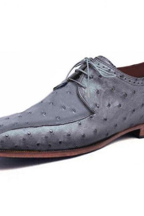 Royal Blucher Laces Fastening Ostrich Print Leather Contrast Sole Men Gray Shoes