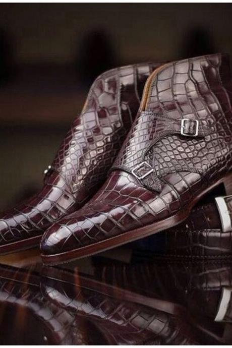 Innovative Dual Monk Strap Burgundy Crocodile Print Leather Buckle Fastening Ankle Boots