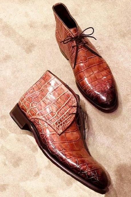 Unique Patina Brown Crocodile Print Leather Chukka Lace Up Formal Ankle Boots