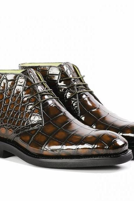 Professional Shining Coffee Brown Patent Thick Sole Crocodile Print Leather Chukka Ankle Boots