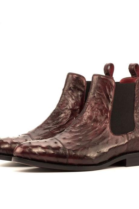 Footwear Freaks Chelsea Cap Toe Ostrich Print Leather Elastic Panel Pull Loop Ankle Boots