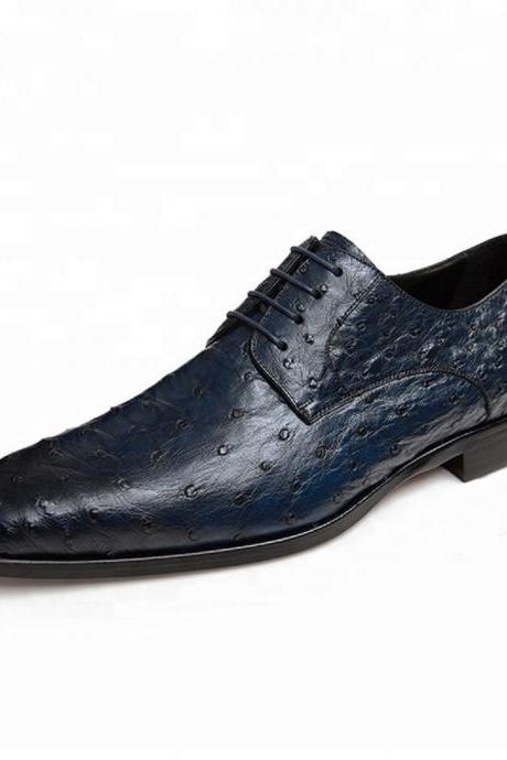 Royal Navy Blue Derby Style Ostrich Print Leather Men Customize Party Shoes