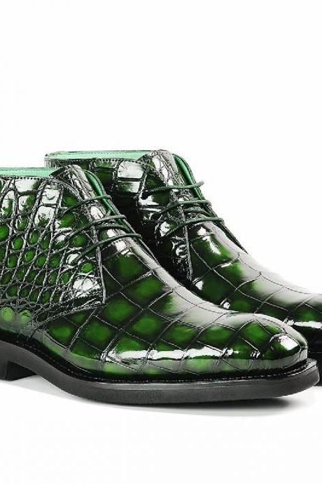 Forest Green Black Shades Patent Thick Sole Alligator Print Leather Formal Chukka Ankle Boots