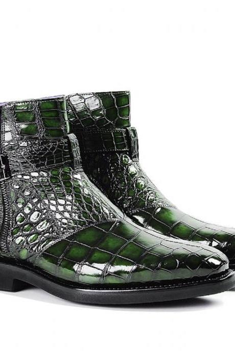 Men Jodhpur Zippered Round Buckle Strap Crocodile Print Leather Formal Ankle Boots In Green Color