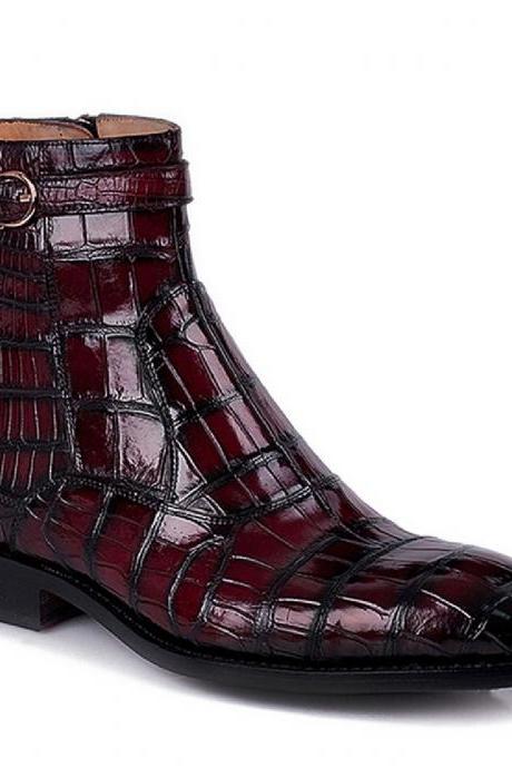 Nice Burgundy Long Ankle Jodhpur Back Pull Crocodile Print Leather Round Strap Boots