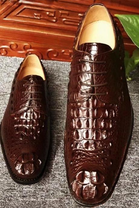 Perfect Wear Chocolate Brown Alligator Hornback Print Leather Derby Lace Formal Shoes