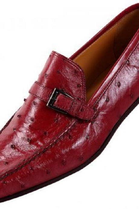 Fashion Finds Buckle Strap Split Pointed Toe Ostrich Print Leather Monk Red Party Shoes