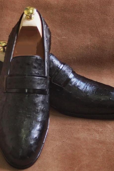 Black Polish Penny Loafer Ostrich Print Leather Men Formal Dress Shoes