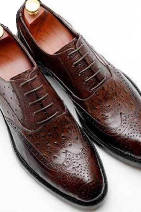 Professional Dark Brown Ostrich Print Full Brogue Wingtip Men Oxford Shoes