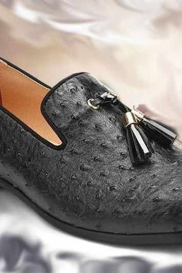 Excellent Design Black Polish Tassel Loafer Ostrich Print Leather Slip On Shoes 