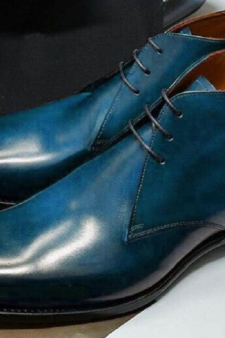 Charismatic Chukka Shining Blue Ankle Style Pure Leather Men Dress Boots