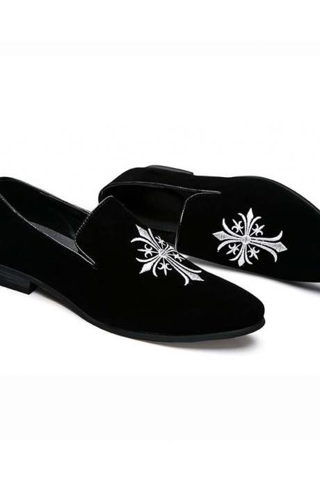 Luxury Suede Leather Black Velvet Embroidery Slip On Loafer Formal Men Shoes