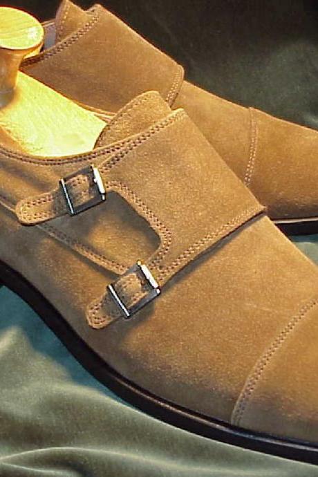 Nice Beige Double Monk Strap Premium Suede Leather Cap Toe Wedding Shoes