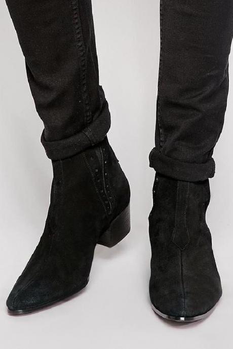 Black Suede Leather Chelsea Elastic Panel Slip On Formal Ankle Boots 