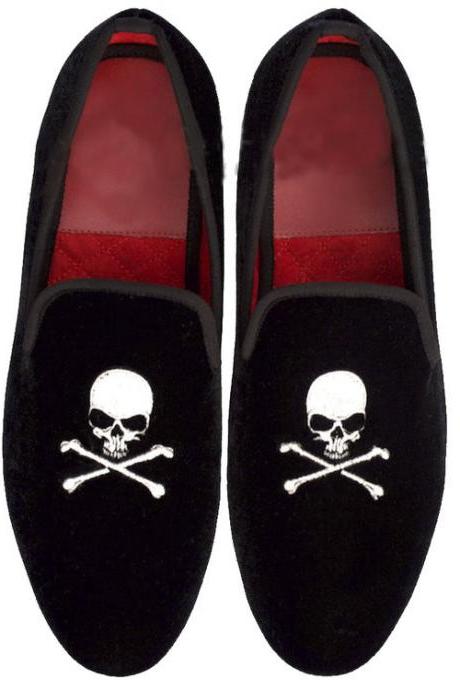 Skull Embroidery Black Velvet Loafer Pull On Suede Leather Party Shoes